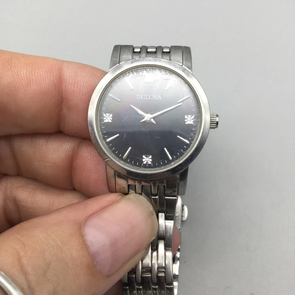 Bulova Womens Watch 27mm Black Dial Stainless Steel B96P148 New Battery 7.5
